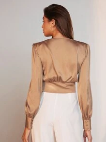 BizChic Surplice Neck Lantern Sleeve Satin Top Workwear - Champagne - View 2