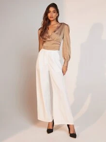 BizChic Surplice Neck Lantern Sleeve Satin Top Workwear - Champagne - View 3