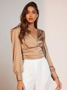 BizChic Surplice Neck Lantern Sleeve Satin Top Workwear - Champagne - View 4