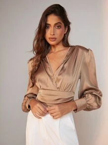 BizChic Surplice Neck Lantern Sleeve Satin Top Workwear - Champagne - View 5