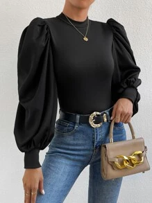 SHEIN Privé Mock Neck Lantern Sleeve Top - Black - View 1