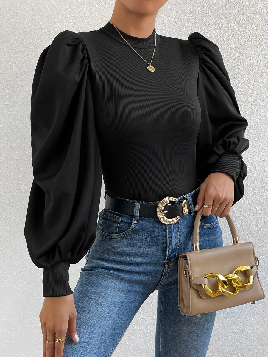 SHEIN Privé Mock Neck Lantern Sleeve Top - Black - View 1