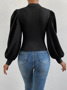 SHEIN Privé Mock Neck Lantern Sleeve Top - Black - View 2