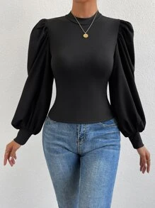 SHEIN Privé Mock Neck Lantern Sleeve Top - Black - View 4