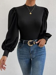 SHEIN Privé Mock Neck Lantern Sleeve Top - Black - View 5