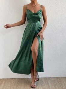 SHEIN Allurite 花卉圖案提花垂領高開叉緞面吊帶洋裝