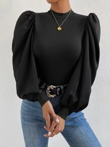 SHEIN Privé Mock Neck Lantern Sleeve Top - Black - View 6