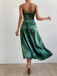 SHEIN Allurite 花卉圖案提花垂領高開叉緞面吊帶洋裝