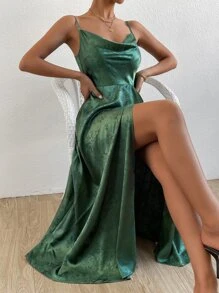 SHEIN Allurite 花卉圖案提花垂領高開叉緞面吊帶洋裝