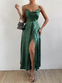 SHEIN Allurite 花卉圖案提花垂領高開叉緞面吊帶洋裝