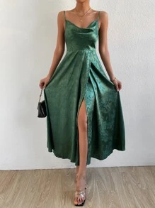 SHEIN Allurite 花卉圖案提花垂領高開叉緞面吊帶洋裝