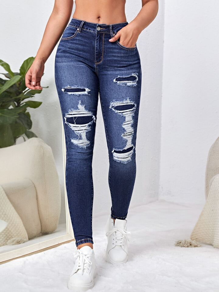 SHEIN プラス ベルトなし 穴あきスキニージーンズ プラス ハイウェスト ダメージ ローカット ベルトなし スキニー
