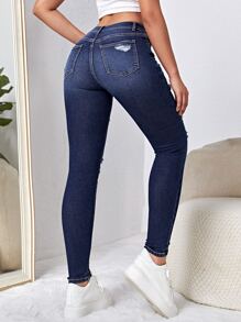 SHEIN EZwear Quần jean nữ Túi Bị tách Dây kéo màu trơn - Rửa tối - Xem 2