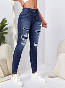 SHEIN EZwear Quần jean nữ Túi Bị tách Dây kéo màu trơn - Rửa tối - Xem 3