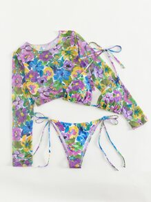 SHEIN Swim 夏季海灘花印頸掛三角比基尼套裝，附帶遮陽罩衣 - 彩色 - 查看 3