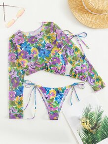 SHEIN Swim 夏季海灘花印頸掛三角比基尼套裝，附帶遮陽罩衣 - 彩色 - 查看 4