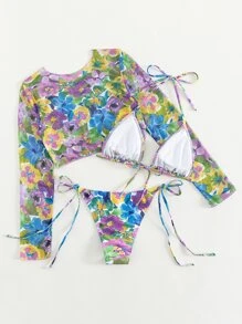 SHEIN Swim 夏季海灘花印頸掛三角比基尼套裝，附帶遮陽罩衣 - 彩色 - 查看 5