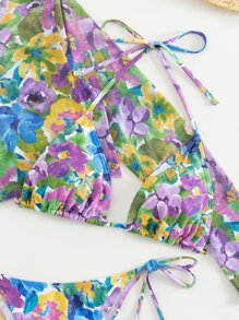 SHEIN Swim 夏季海灘花印頸掛三角比基尼套裝，附帶遮陽罩衣 - 彩色 - 查看 7