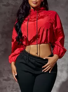 SHEIN SXY Drawstring Hem Raglan Sleeve Crop Hooded Jacket - Red - View 1