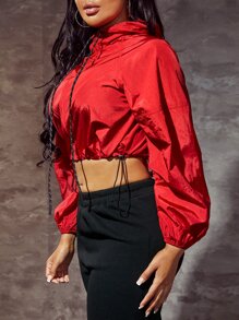 SHEIN SXY Drawstring Hem Raglan Sleeve Crop Hooded Jacket - Red - View 5