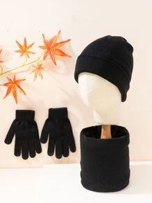Hombres unicolor Gorro cuff con pañuelo infinito & Guantes - Negro - Ver 1