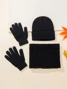 Hombres unicolor Gorro cuff con pañuelo infinito & Guantes - Negro - Ver 2