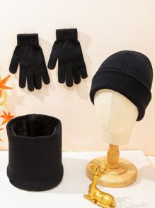 Hombres unicolor Gorro cuff con pañuelo infinito & Guantes - Negro - Ver 3
