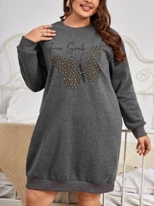 SHEIN LUNE Plus Butterfly & Letter Graphic Sweatshirt Dress - Dark Grey - View 4