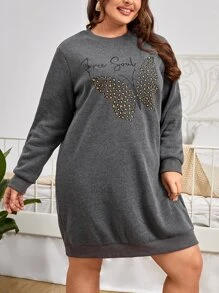 SHEIN LUNE Plus Butterfly & Letter Graphic Sweatshirt Dress - Dark Grey - View 6