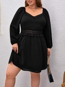 SHEIN Unity Plus Guipure Lace Insert Lantern Sleeve Dress - Black - View 1