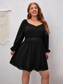 SHEIN Unity Plus Guipure Lace Insert Lantern Sleeve Dress - Black - View 3