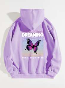 SHEIN EZwear Plus Size Butterfly Print Long Sleeve Hoodie Sweatshirt - Purple - View 1