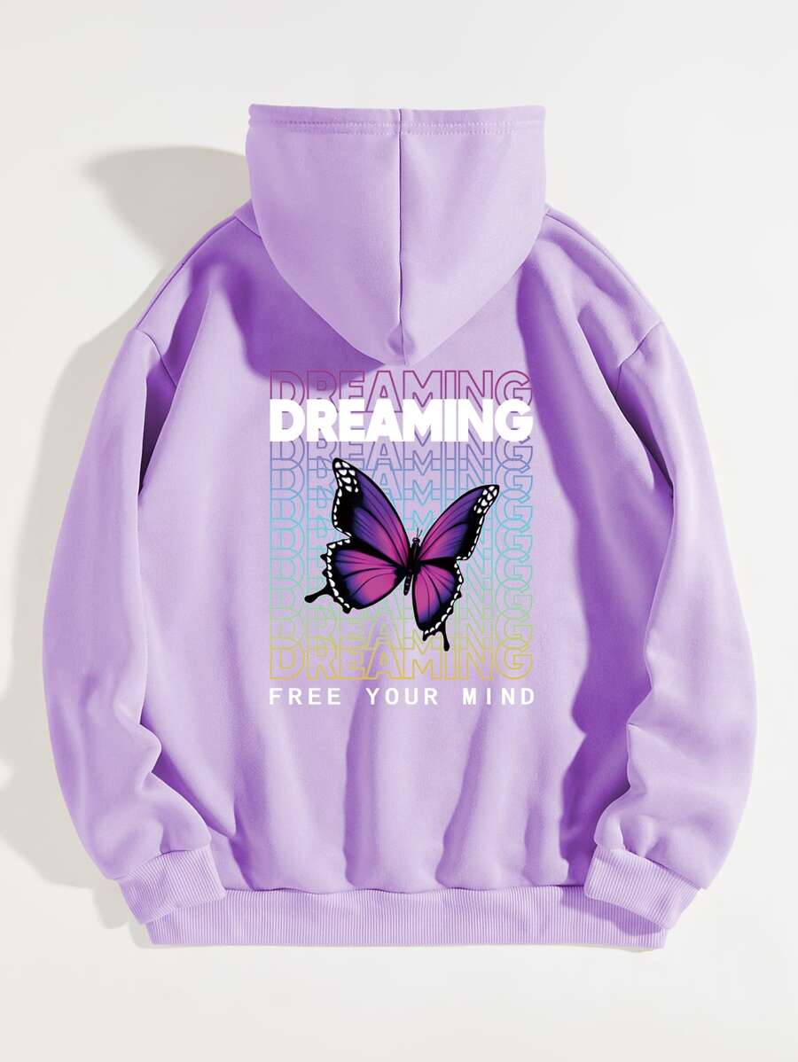 SHEIN EZwear Plus Size Butterfly Print Long Sleeve Hoodie Sweatshirt - Purple - View 1