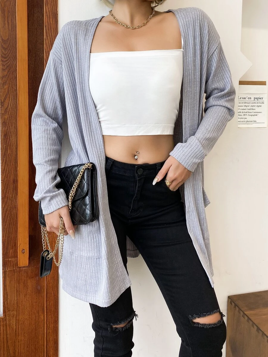 AAmilife Abrigo de hombros caídos con parte delantera abierta - Gris Claro - Ver 1