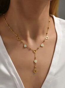 A fresh and sweet Japanese and South Korean style heart-to-heart print white enamel inlaid diamond hollow love small round ball beaded women's stainless steel necklace suitable for daily wear - Yellow Gold - View 1