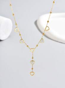 A fresh and sweet Japanese and South Korean style heart-to-heart print white enamel inlaid diamond hollow love small round ball beaded women's stainless steel necklace suitable for daily wear - Yellow Gold - View 2