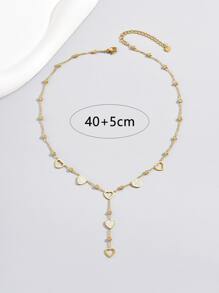 A fresh and sweet Japanese and South Korean style heart-to-heart print white enamel inlaid diamond hollow love small round ball beaded women's stainless steel necklace suitable for daily wear - Yellow Gold - View 3
