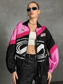 SHEIN Coolane Letter Graphic Colourblock Drop Shoulder Wind Jacket - Multicolor - View 5