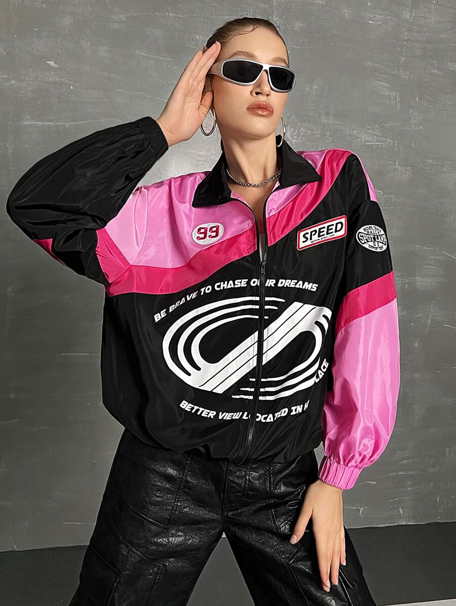 SHEIN Coolane Letter Graphic Colourblock Drop Shoulder Wind Jacket - Multicolor - View 1
