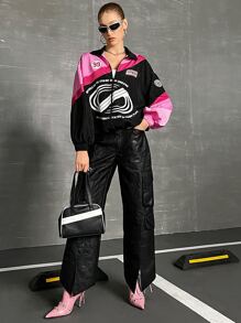 SHEIN Coolane Letter Graphic Colourblock Drop Shoulder Wind Jacket - Multicolor - View 3