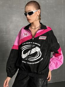 SHEIN Coolane Letter Graphic Colourblock Drop Shoulder Wind Jacket - Multicolor - View 7