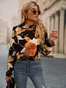 EMERY ROSE Blusa con manga de volantes con estampado floral, blusas de manga larga - Multicolor - Ver 4