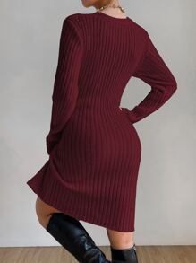 SHEIN Privé Ribbed Knit Wrap Jumper Dress - Burgundy - View 2