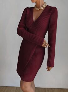 SHEIN Privé Ribbed Knit Wrap Jumper Dress - Burgundy - View 3