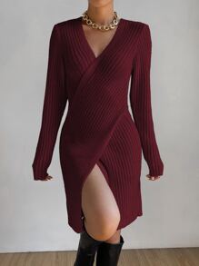 SHEIN Privé Ribbed Knit Wrap Jumper Dress - Burgundy - View 6