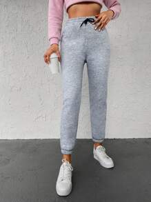 RueChic Drawstring Waist Slant Pocket Sweatpants - Light Grey - View 3