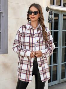 Plaid Print Drop Shoulder Coat - Multicolor - View 3