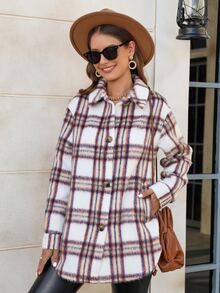 Plaid Print Drop Shoulder Coat - Multicolor - View 8