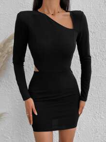 RueChic Asymmetrical Neck Cut Out Bodycon Dress - Black - View 1