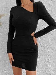 RueChic Asymmetrical Neck Cut Out Bodycon Dress - Black - View 3